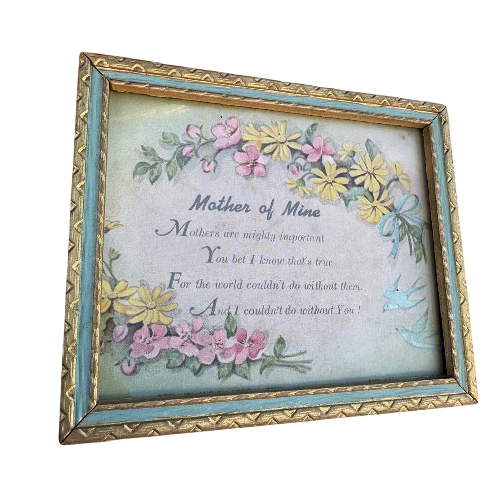 VINTAGE Picture Photo Frame 4x5” Gold Aqua Wood Ornate w/ Mother Mom Print